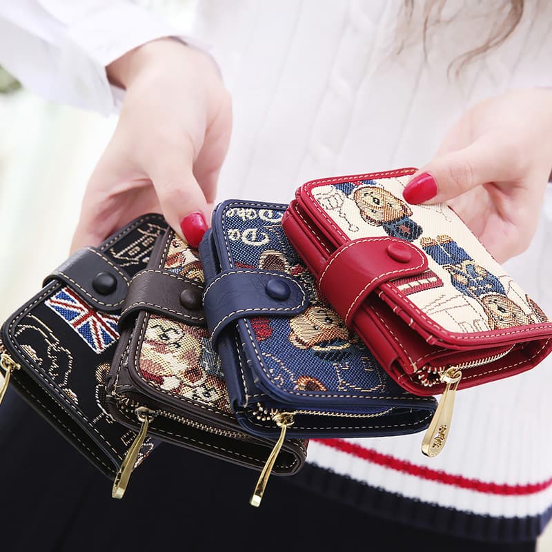 レディース二つ折り財布 可愛い動物柄刺繍入りコンパクト二つ折り財布