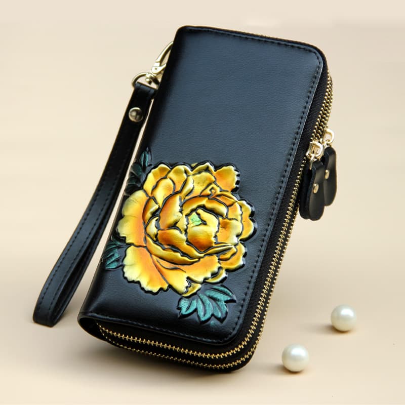 レディース二つ折り財布 花柄刺繍レザー二つ折り財布ストラップ付き