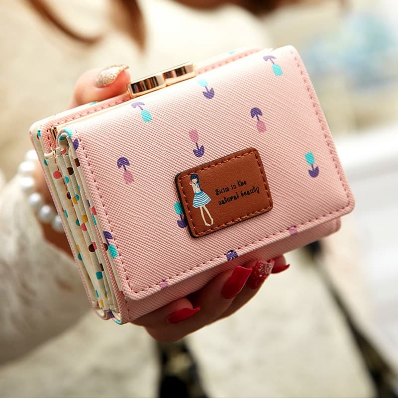 レディース二つ折り財布 小柄女性イラスト付きコンパクト二つ折り財布