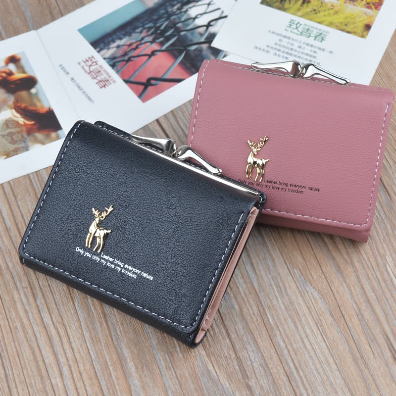 レディース二つ折り財布 小鹿刺繍入り上品ながま口二つ折り財布