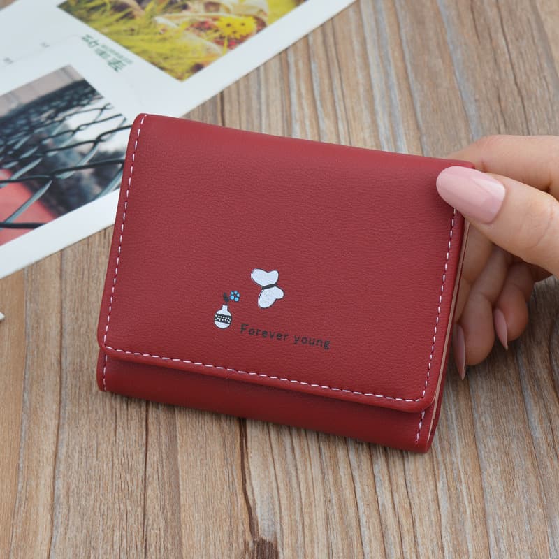 レディース二つ折り財布 可愛いハート刺繍入りコンパクト二つ折り財布